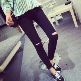 2016 High Elastic Fashion Cotton Womens Black High Waist Torn Jeans Ripped Hole Knee Skinny Pencil Pants Slim Capris For Women