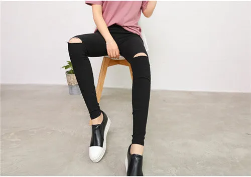 2016 High Elastic Fashion Cotton Womens Black High Waist Torn Jeans Ripped Hole Knee Skinny Pencil Pants Slim Capris For Women