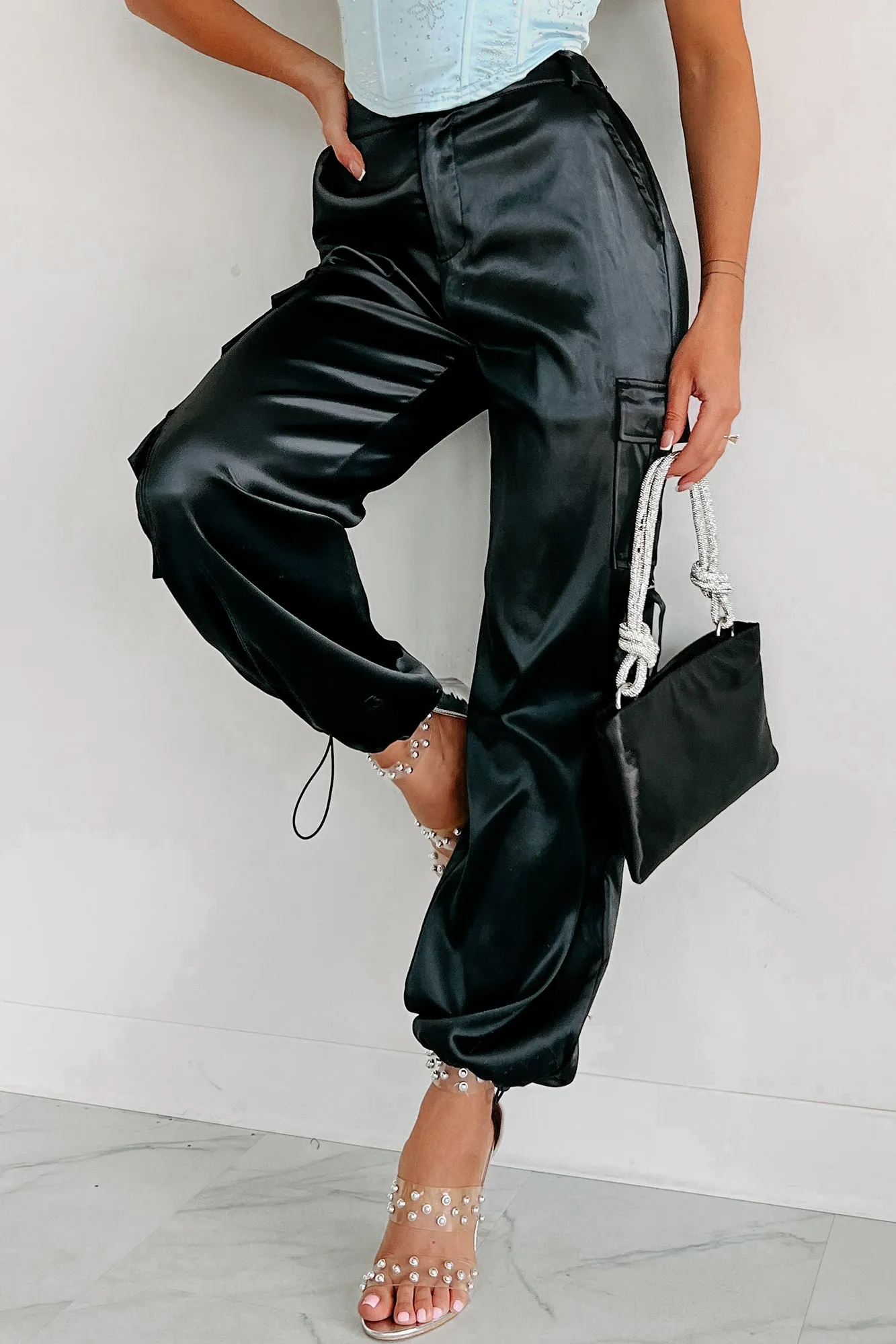 A Step Above Average Satin Cargo Pants (Black)