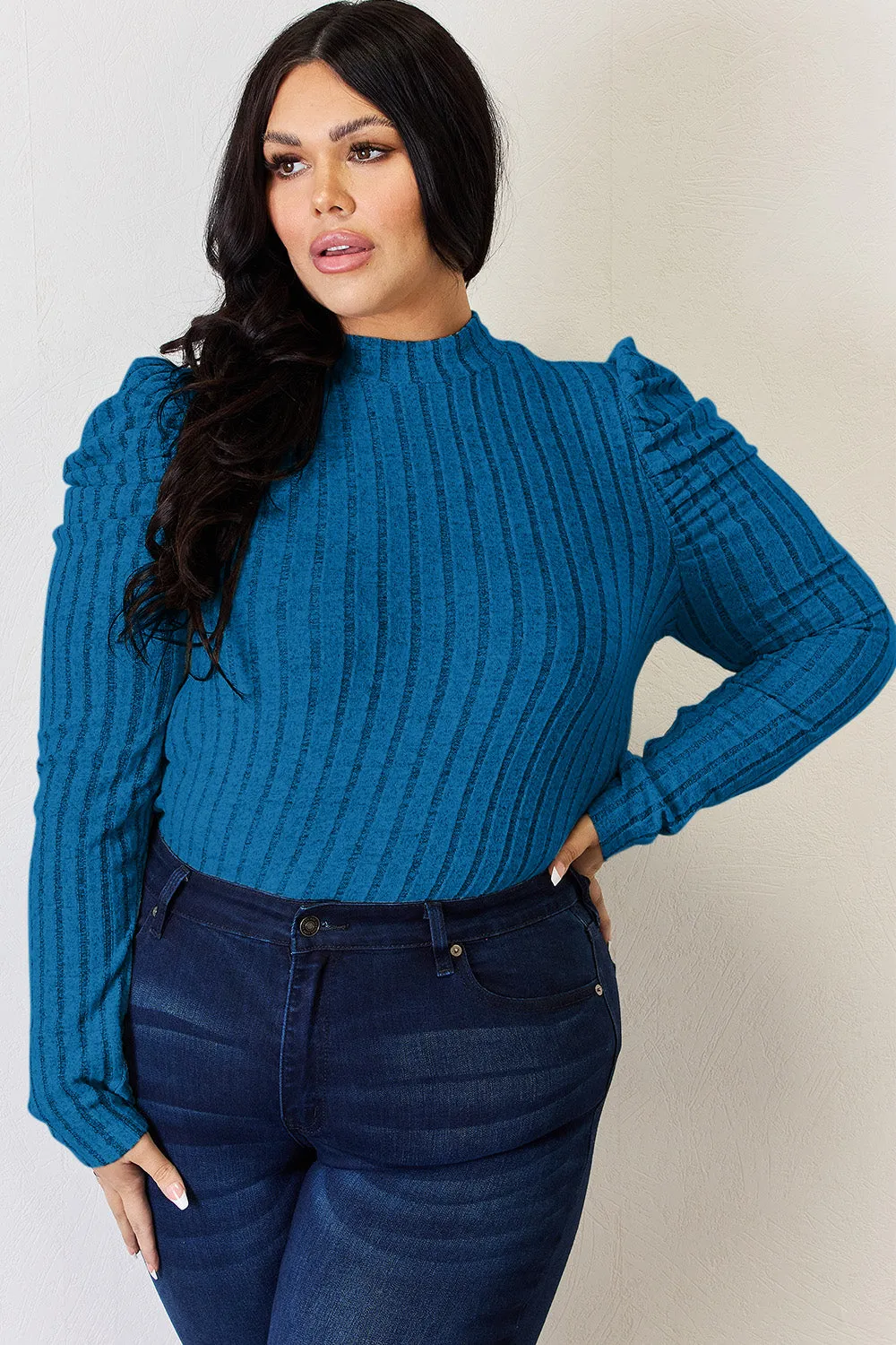 Basic Bae Ribbed Mock Neck Puff Sleeve T-Shirt