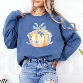 Chinoiserie Pumpkin Graphic Crewneck Sweater, Indigo Blue