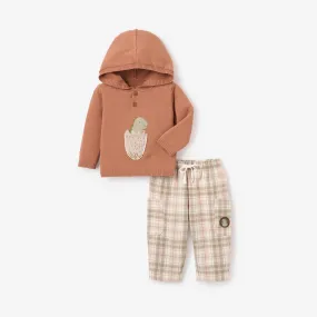 Dinosaur Hooded Sweater   Plaid Pant Set