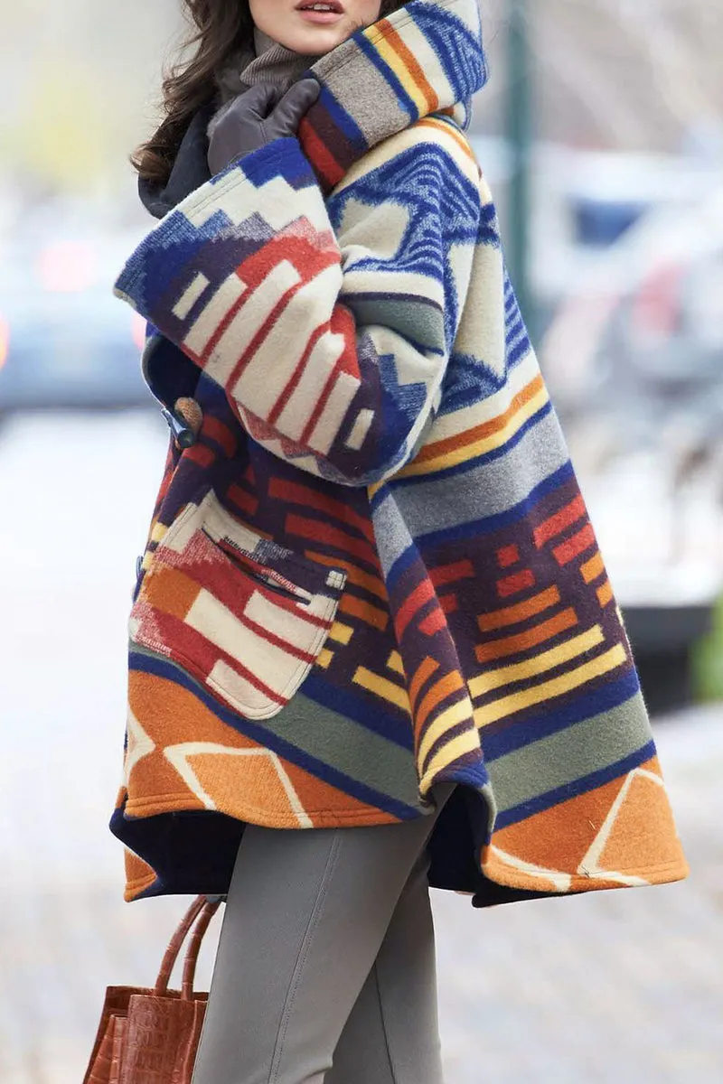 Elegant Geometric Print Patchwork Hooded Collar Outerwear