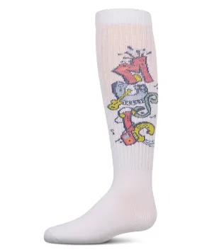 Girls Ribbed Cotton Blend "Graffiti Music" Knee Sock