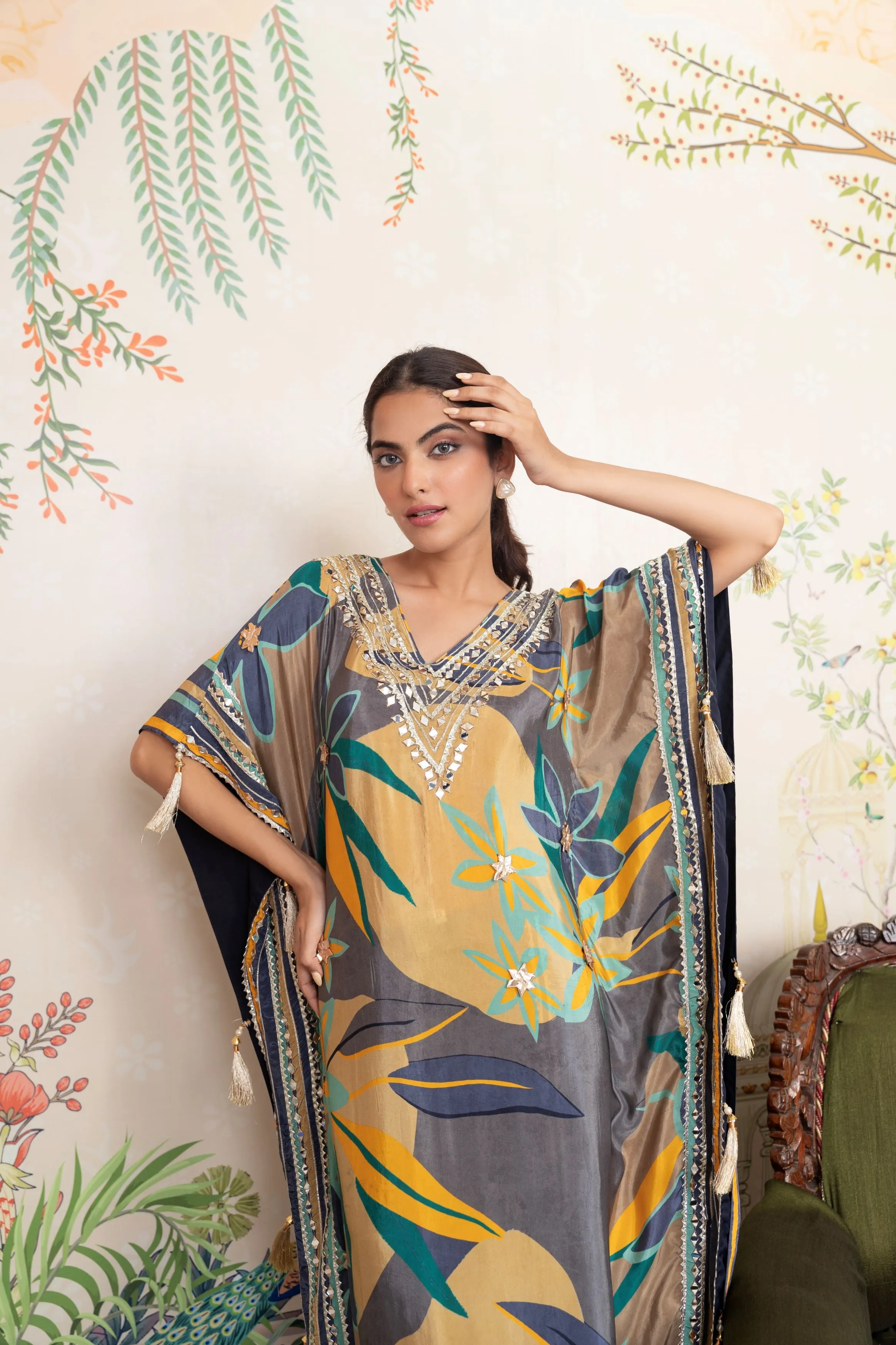 Olive Green Digital Printed Premium Silk Kaftan Set