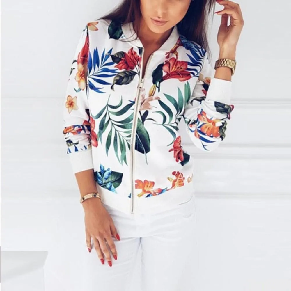 Pockets Zipper Long Sleeve Flower Chiffon Jacket