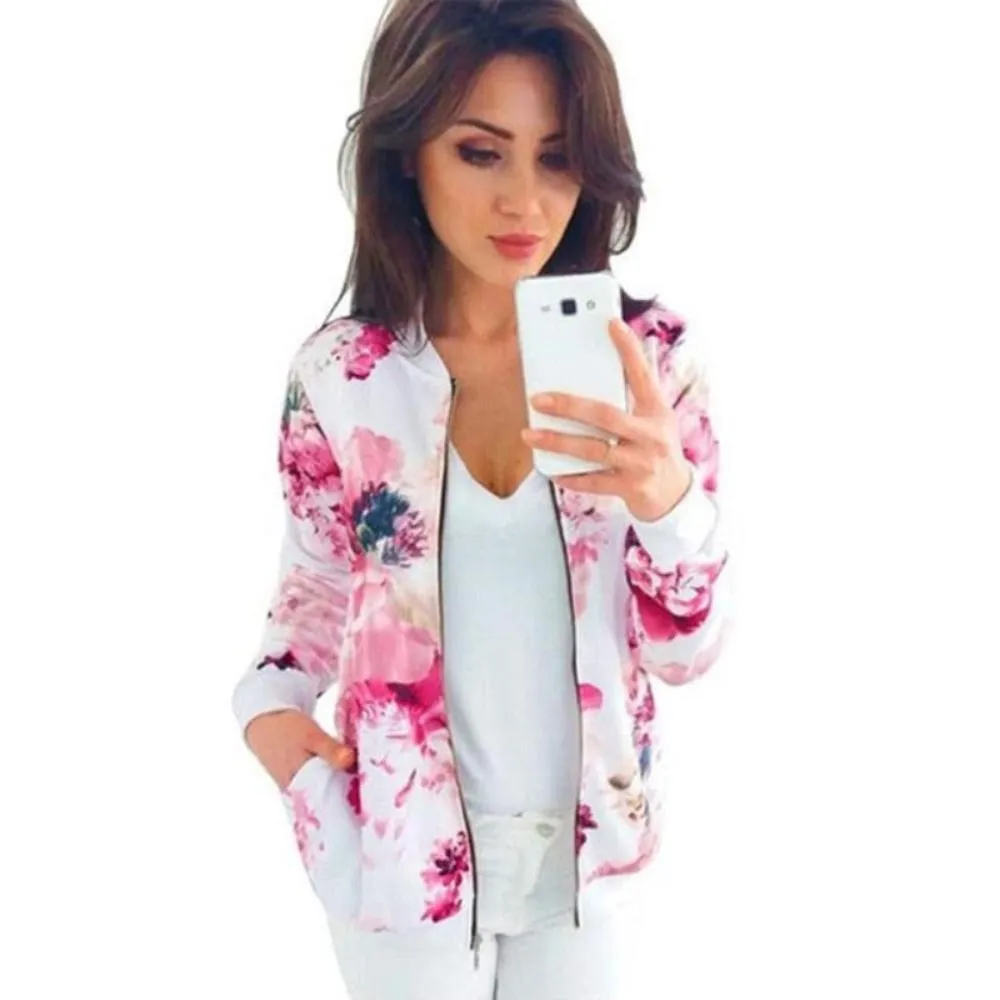 Pockets Zipper Long Sleeve Flower Chiffon Jacket